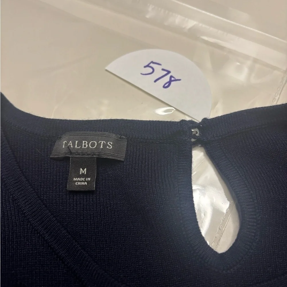 Talbots Navy Blue Knit A-Line Fit & Flare Short Sleeve Dress Size Medium Pleated